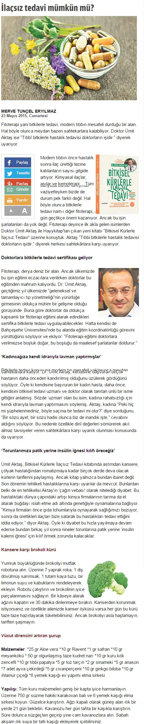İlaçsız Tedavi Mümkün Mü? Zaman Gazetesi /Cumaertesi