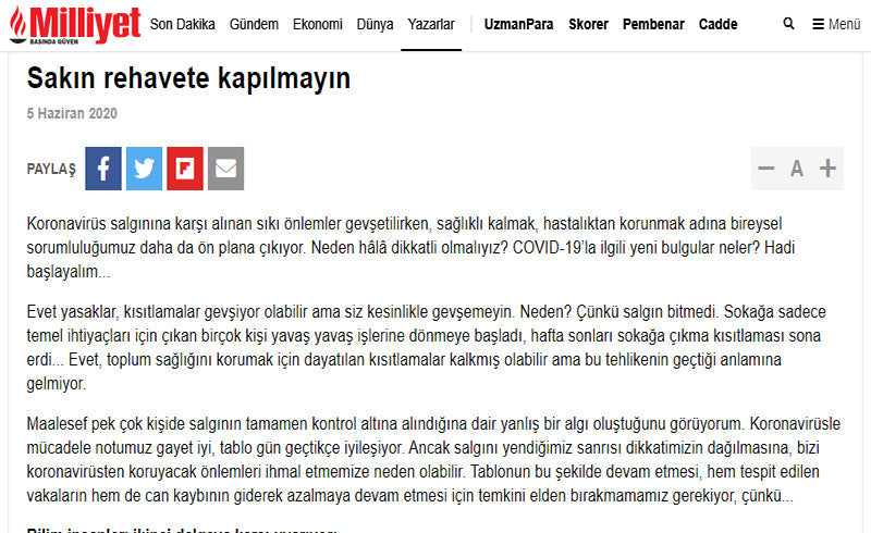 Koronavirüs’e Karşı Rehavete Kapılmayın! / Milliyet.com.tr
